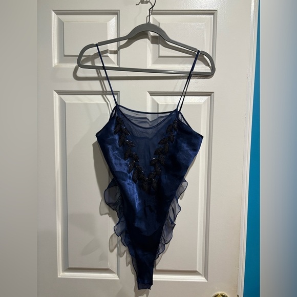 Victoria's Secret Other - Victoria’s Secret vintage gold label beaded satin ruffled bodysuit M navy blue